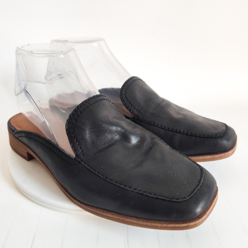 Lucky Brand Mules Flats Size 7 Black Leather Square Toe Loafers Slip On Preppy‎